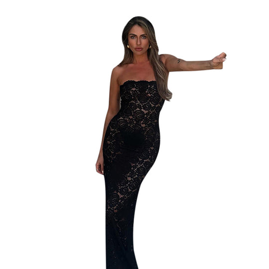 Damen elegantes Spitzen-Maxikleid im figurbetonten Schnitt EB