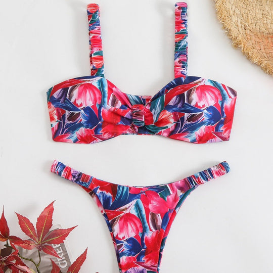 Damen Triangel-Bikini mit tropischem Druck und zarten Rüschen EB