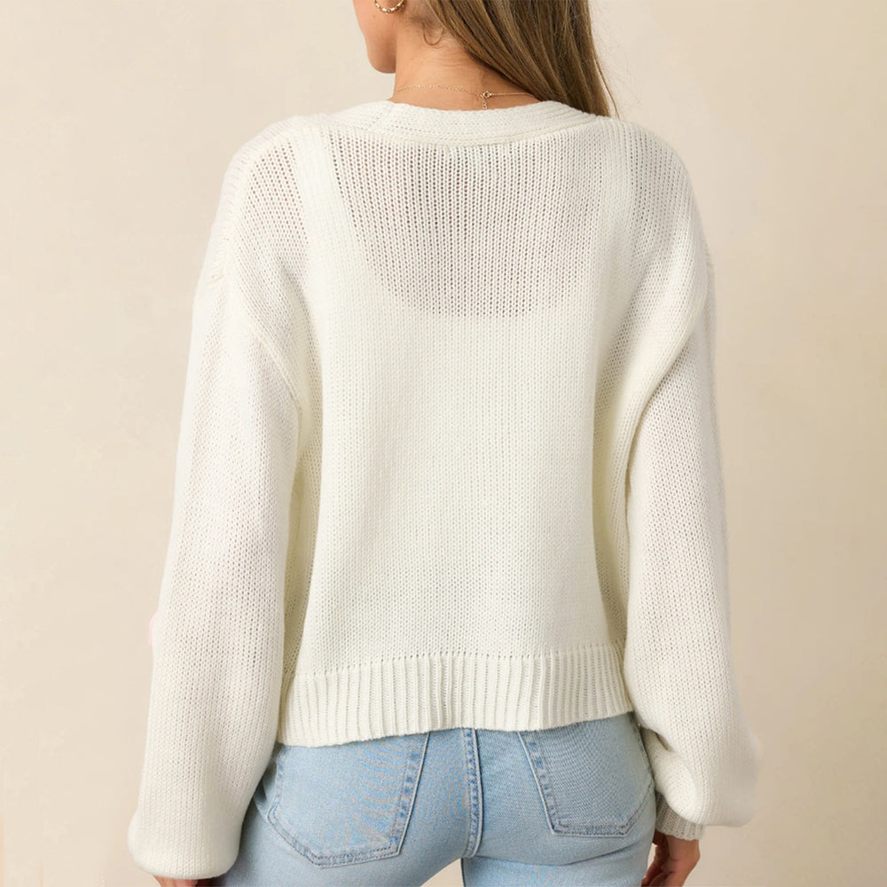 Damen lässige Strickjacke mit fruchtigen Applikationen und offenen Ärmeln EB