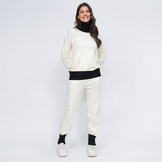Damen komfortables Strick-Loungewear-Set mit hohem Kragen und elastischen Bündchen EB