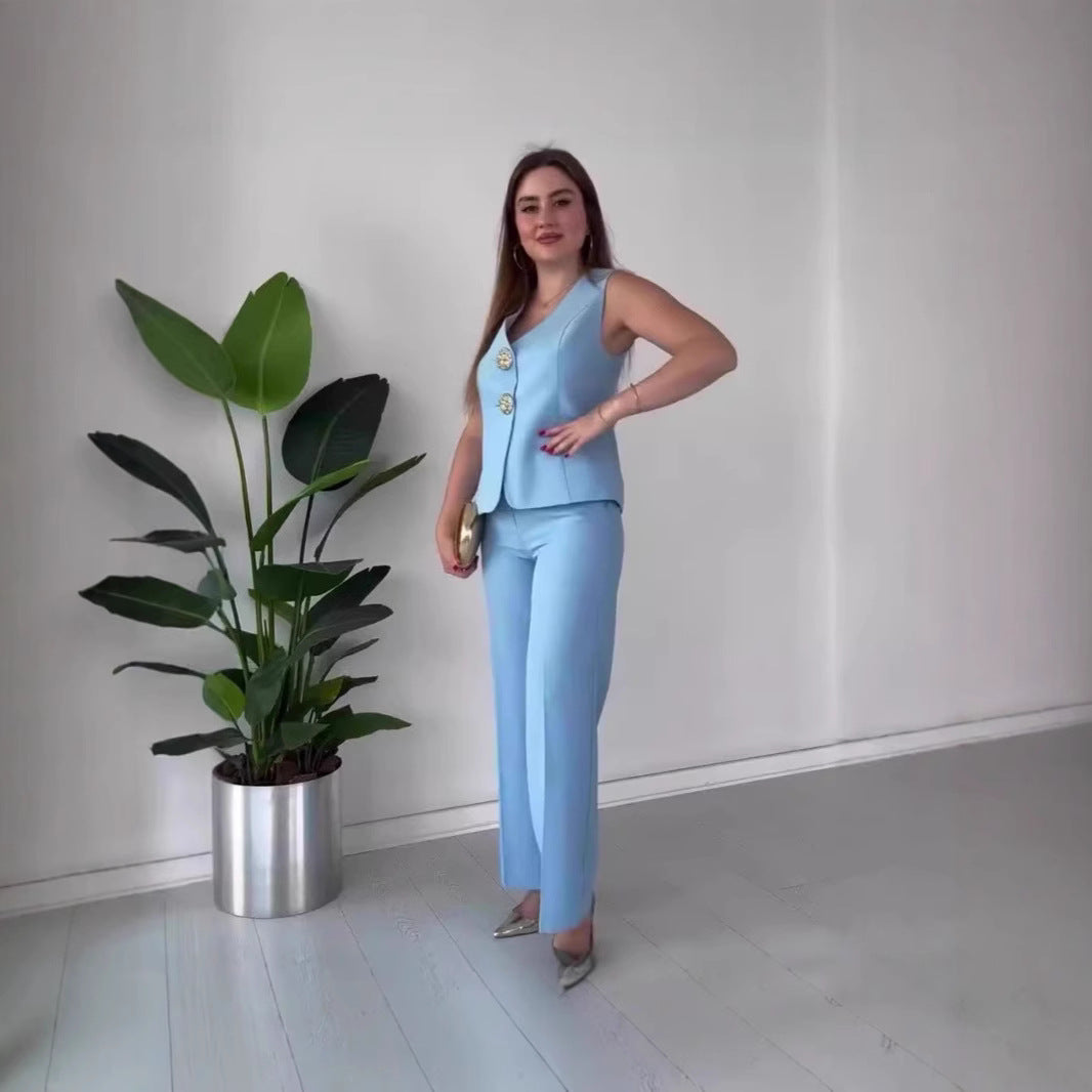 Damen Ärmelloses Tailoring-Set mit taillierter Weste, Zierknöpfen und weiter Palazzo-Hose EB