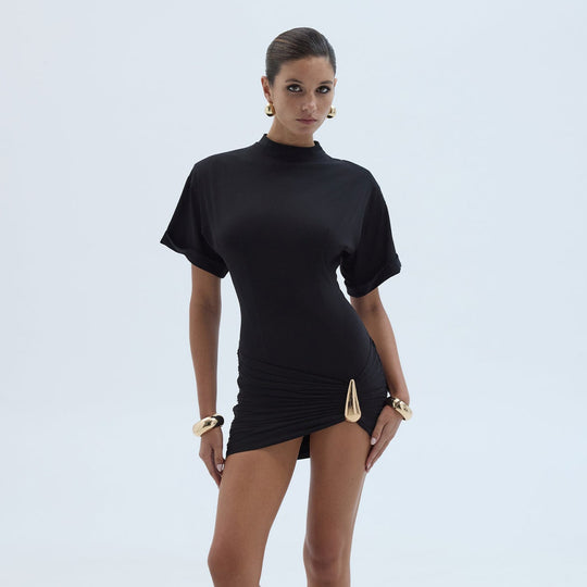 Damen Elegantes Minikleid mit hohem Kragen und asymmetrischem Rüschendesign EB