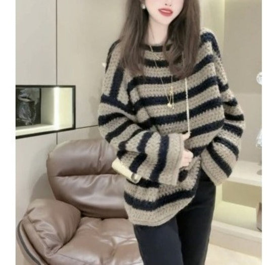 Damen Grobstrickpullover mit lässigem Streifenmuster und voluminösen Ärmeln EB