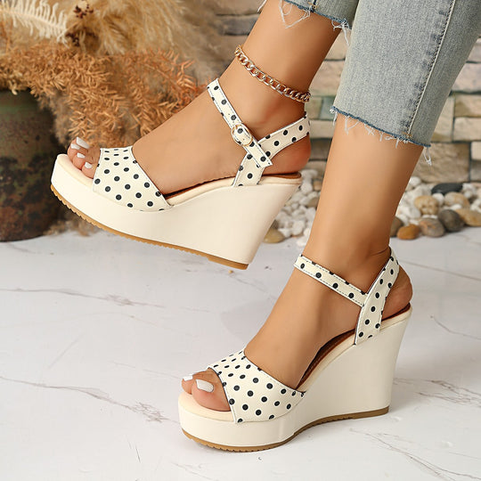 Damen Modische Wedge-Sandalen mit Punkte-Design und verstellbarem Riemen EB