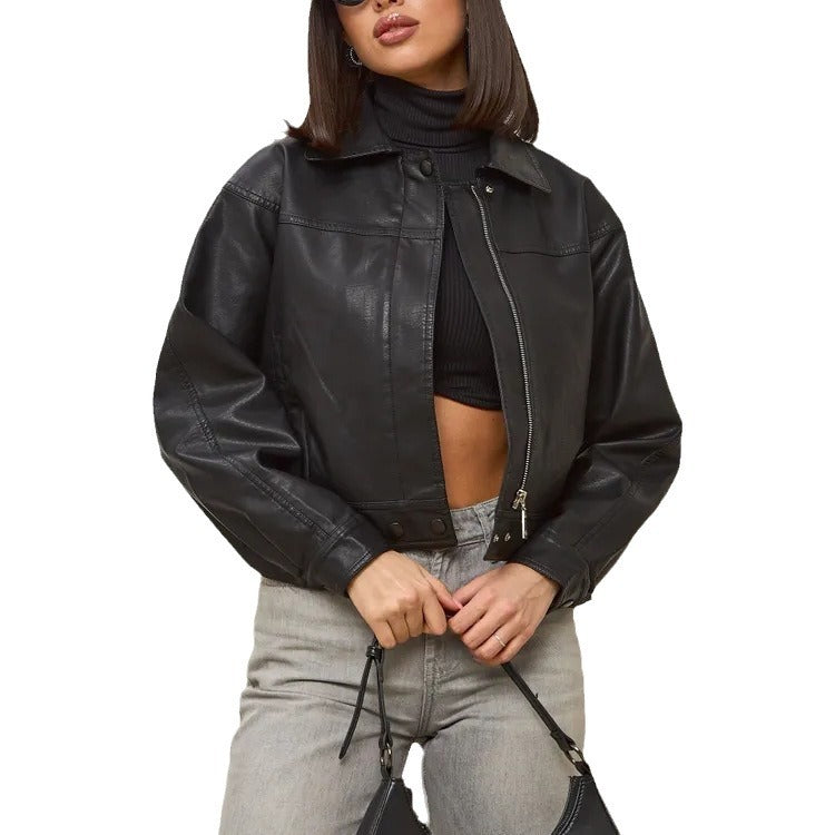 Damen modische cropped Kunstlederjacke mit eleganten Details EB
