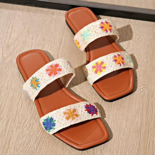 Damen Bunte Flauscher Slides mit floralem Design EB