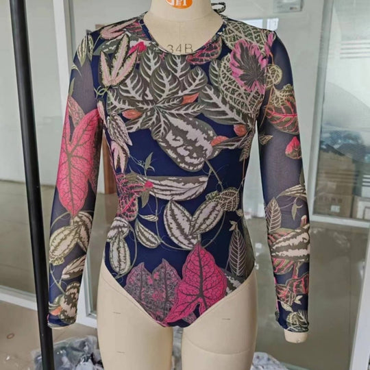 Damen Langarm Körperbadeanzug mit Schlangenprint EB