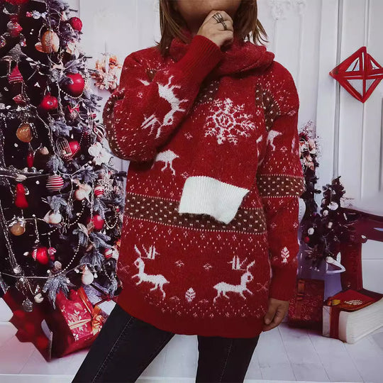Damen Strickpullover mit festlichem Rentier-Motiv und hohem Kragen EB