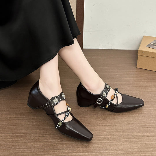 Damen Stilvolle Ballerinas mit dekorativem Riemen und eleganter Schnalle EB