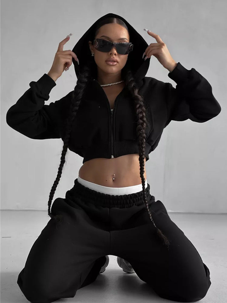 Damen kurzes Zip-Kapuzensweatshirt mit tailliertem Bündchen und weitem High‑Waist French‑Terry Jogginghose Set EB