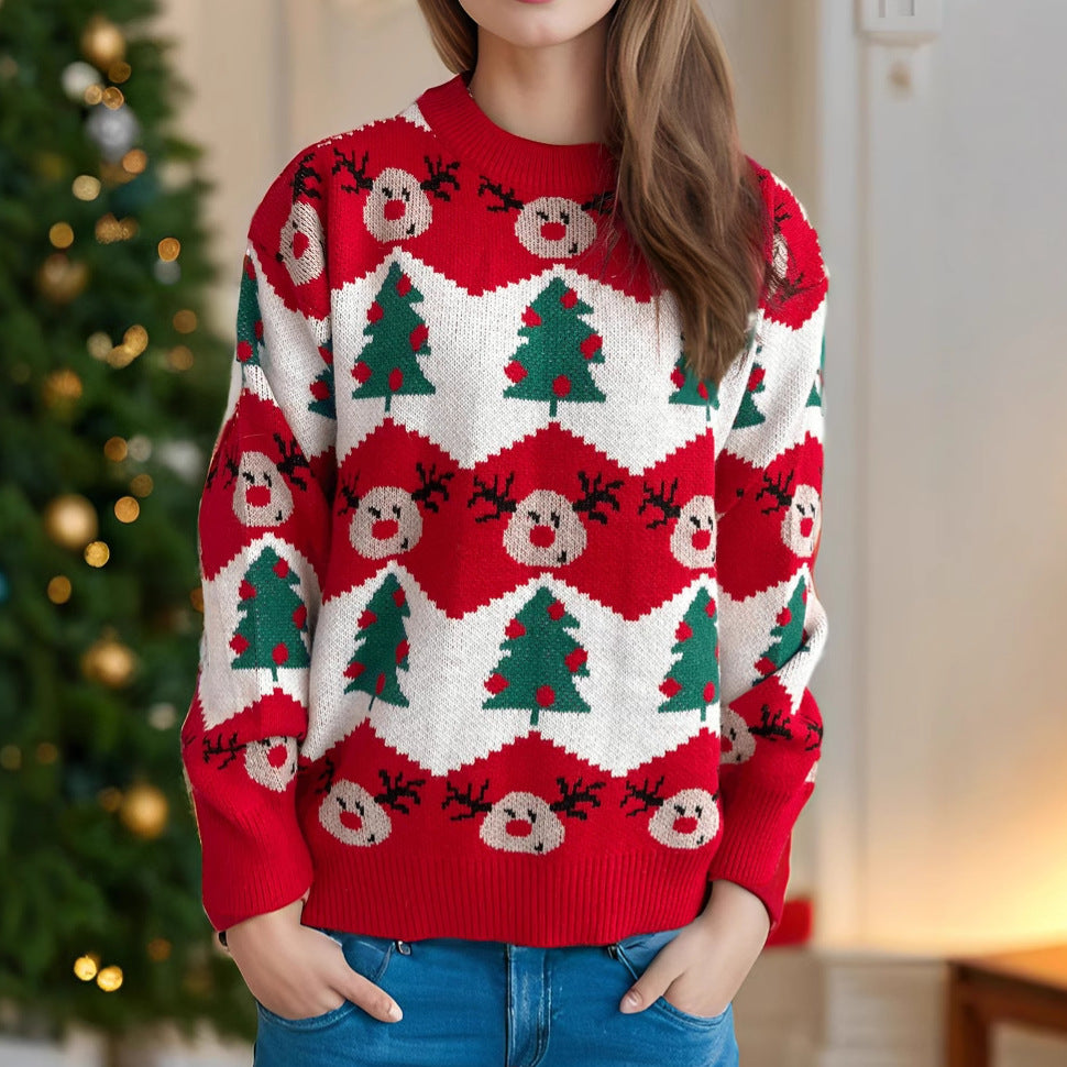 Damen Weihnachtspullover mit festlichem Rentier- und Weihnachtsbaum-Motiv EB