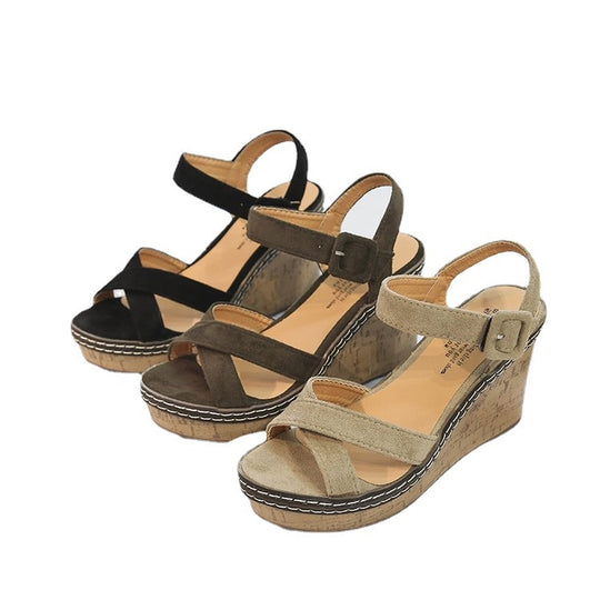 Damen Wedge-Sandalen mit komfortablem Korkabsatz und dekorativem Kreuzriemendesign EB