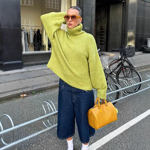 Damen gemütlicher Strickpullover mit hohem Kragen und überschnittenen Schultern EB