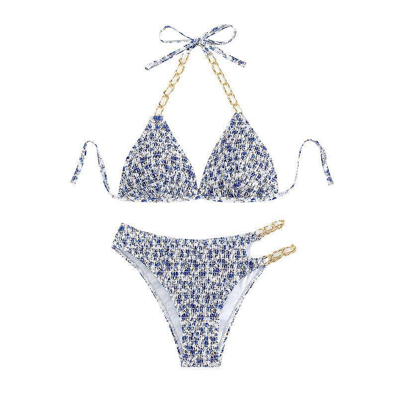 Damen Triangel-Bikini mit goldenen Ketten-Details und verspieltem Blumenmuster EB