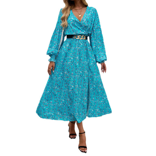 Damen nan Wickelmidikleid mit V-Ausschnitt, Ballonärmeln und taillierendem Gürtel EB
