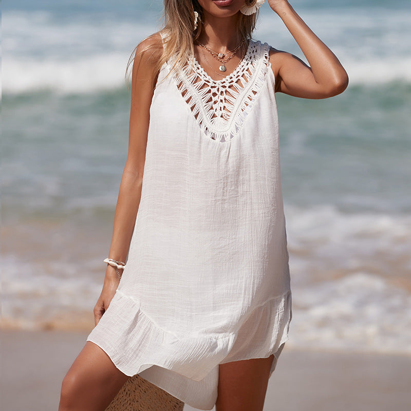 Damen luftiges Häkel-Strandkleid mit V-Ausschnitt und romantischem Saum EB