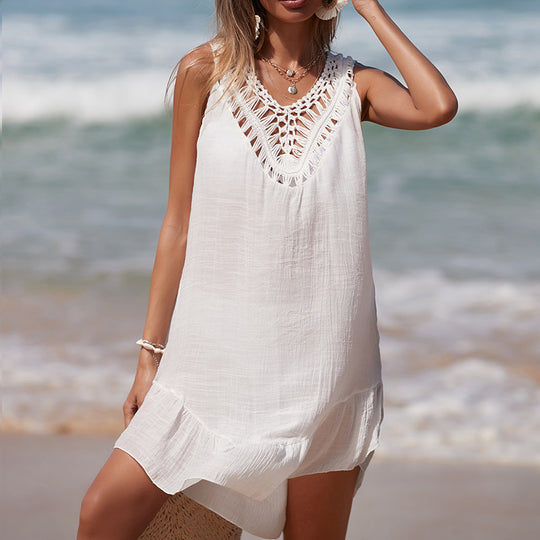 Damen luftiges Häkel-Strandkleid mit V-Ausschnitt und romantischem Saum EB