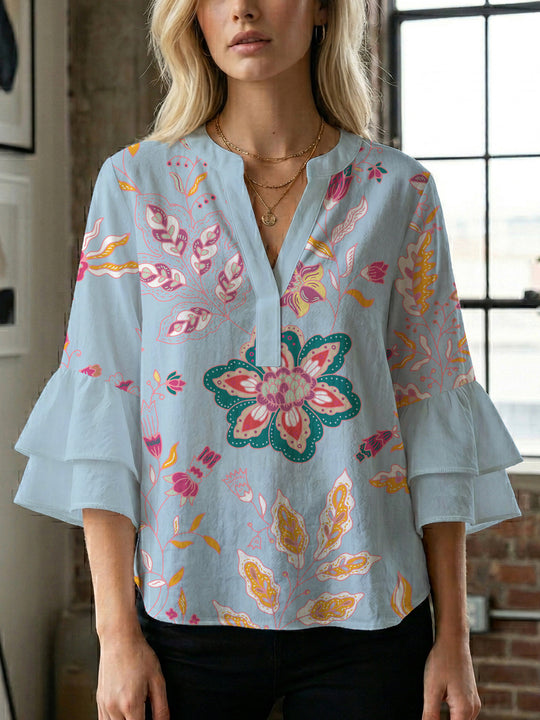Damen Bluse mit voluminösen Rüschenärmeln und kreativem Floraldesign EB