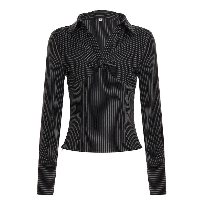Damen nan tailliertes Langarmshirt mit Twist‑V‑Ausschnitt, Hemdkragen und Nadelstreifen-Optik EB