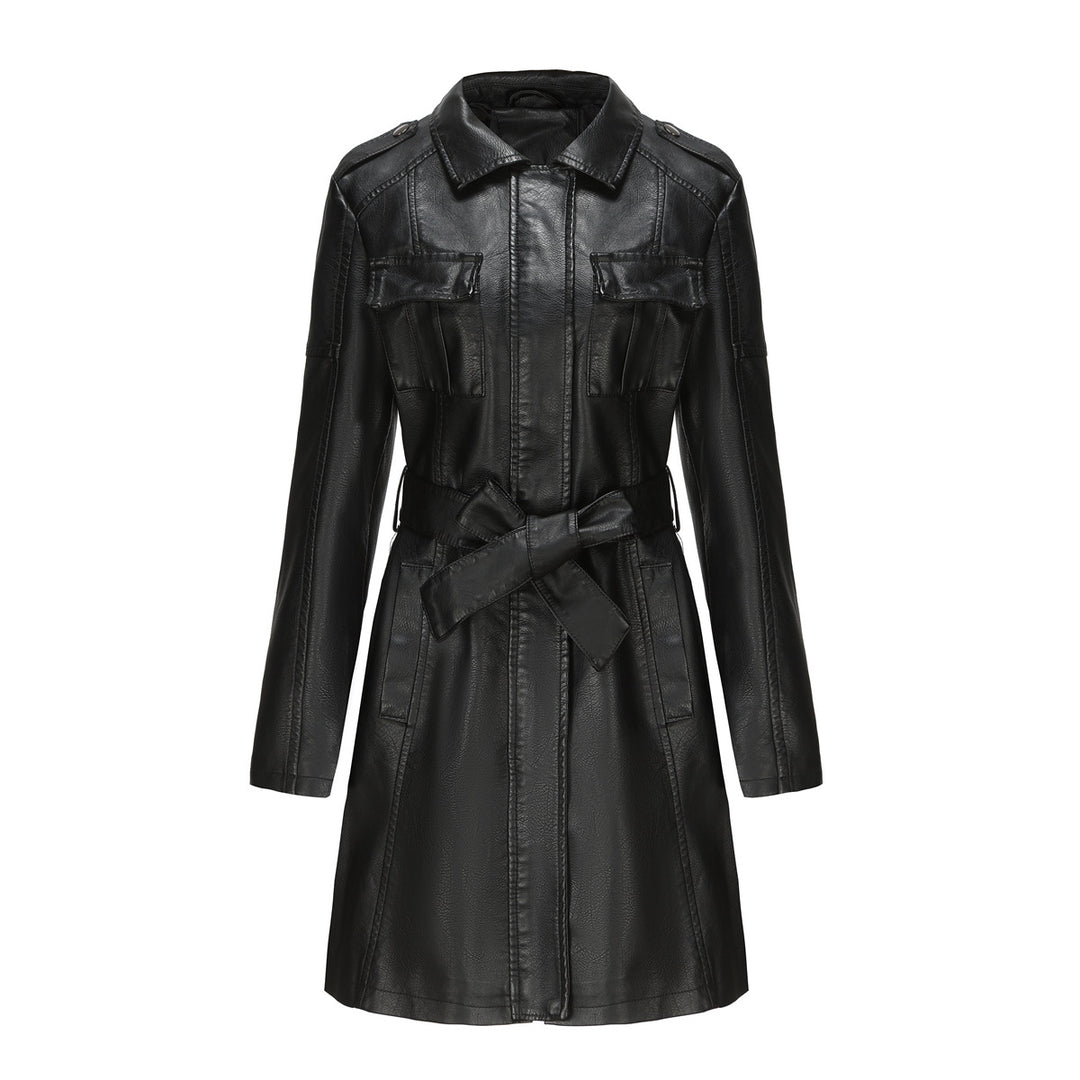 Damen nan langer Kunstleder-Trenchcoat mit Taillengürtel und Schulterriegeln EB