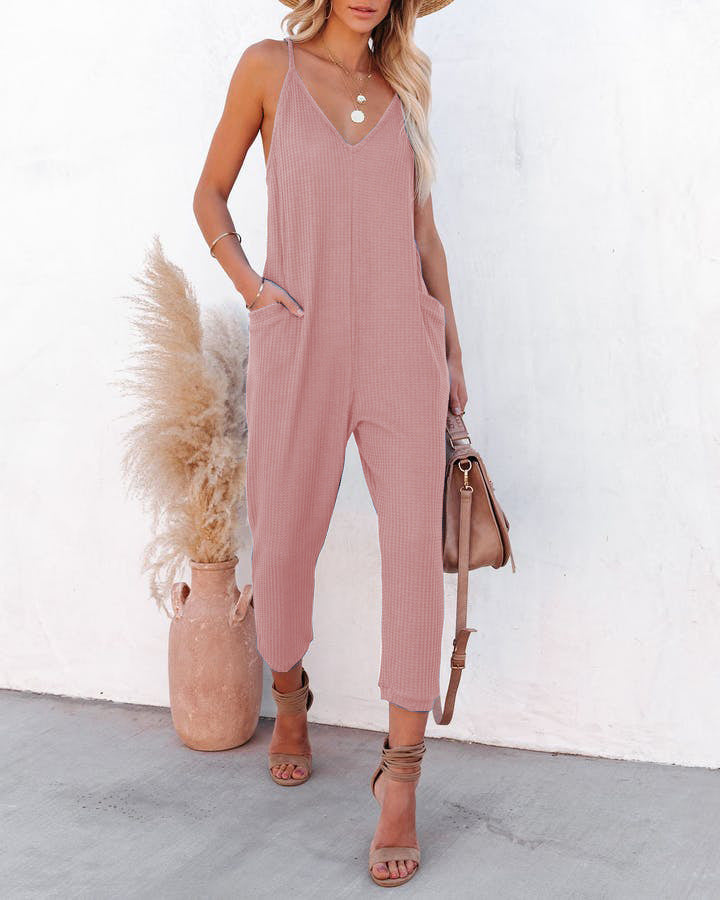 Damen lässiger Jumpsuit mit tiefem V-Ausschnitt und praktischen Seitentaschen EB
