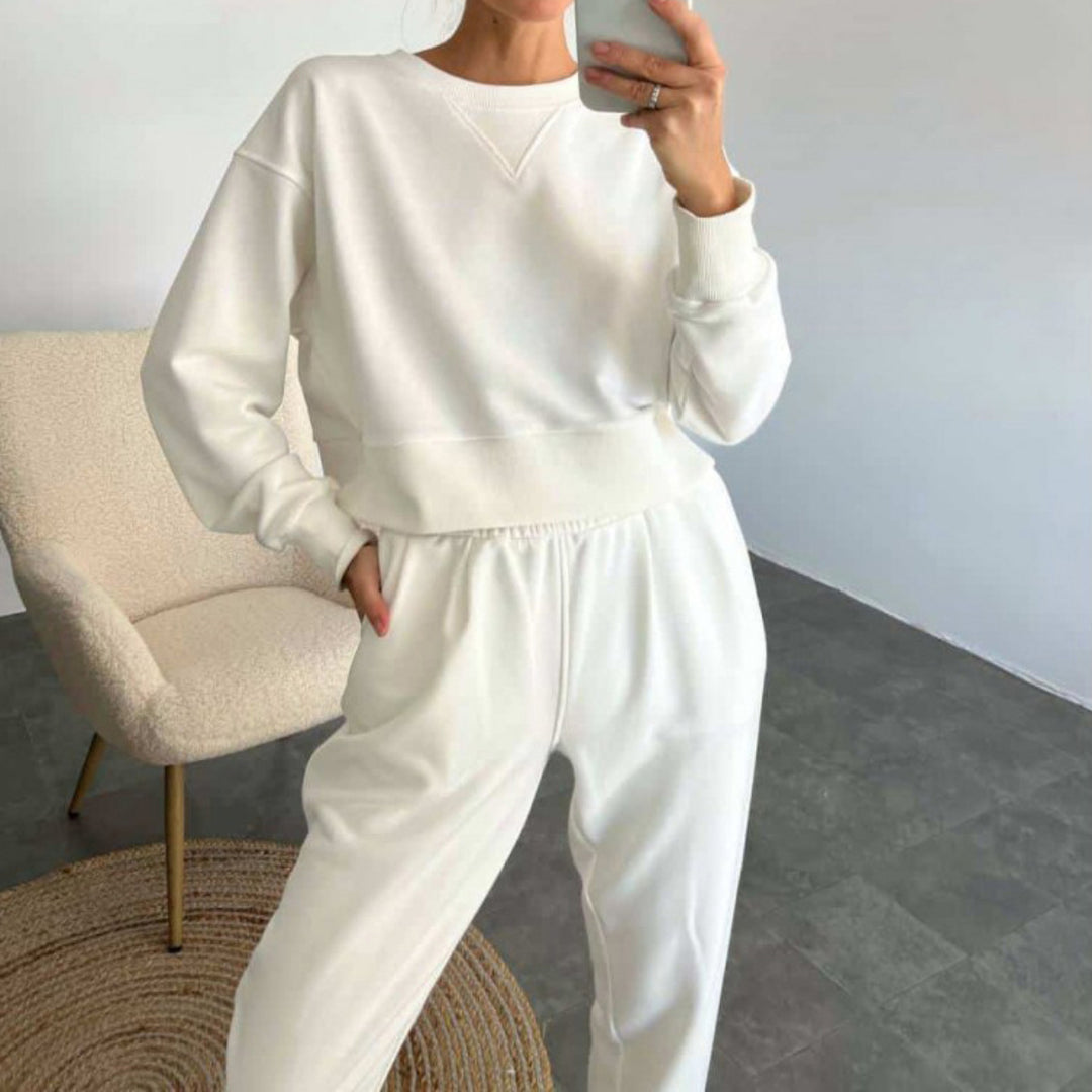 Damen nan Cropped-Sweater-Set mit V-Nahtdetail und hoher Taille Jogginghose EB