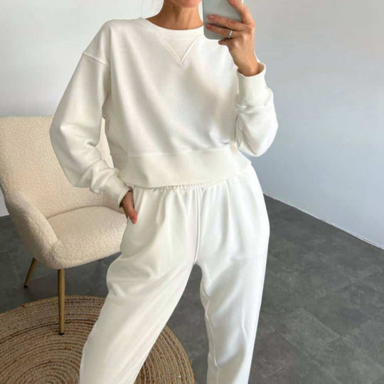 Damen nan Cropped-Sweater-Set mit V-Nahtdetail und hoher Taille Jogginghose EB