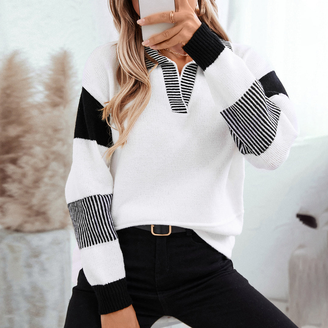 Damen modischer Pullover mit Polo-Kragen und kontrastierenden Streifen EB