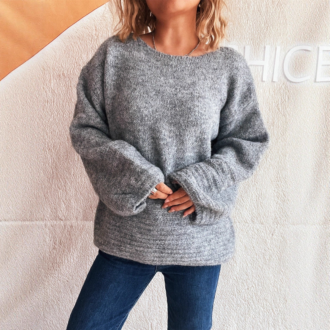 Damen kuscheliger Strickpullover mit weitem Schnitt und modischen Baumelärmeln EB