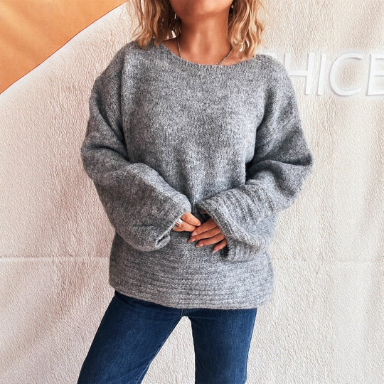Damen kuscheliger Strickpullover mit weitem Schnitt und modischen Baumelärmeln EB