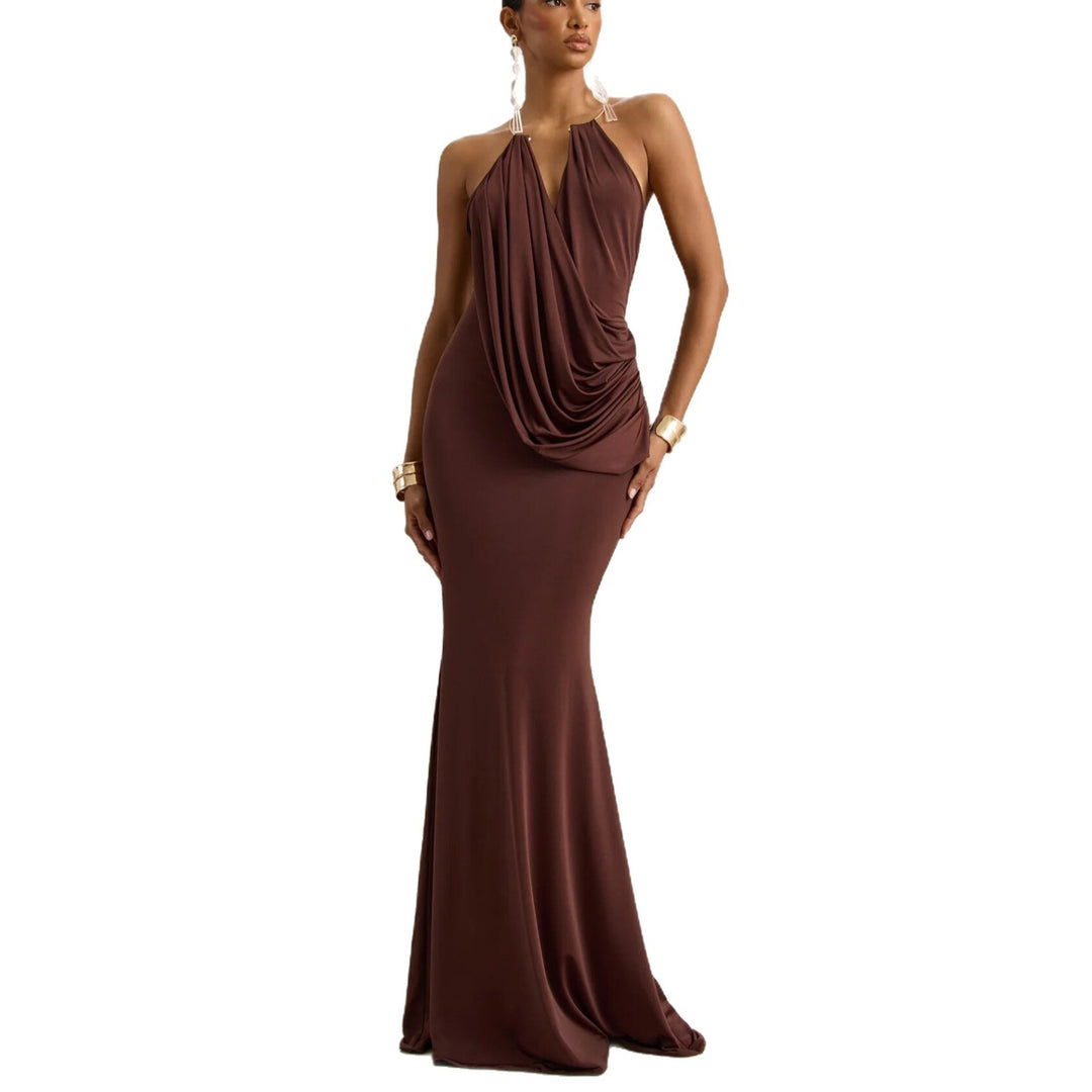 Damen Raffiniertes Maxikleid mit tiefem V-Ausschnitt und Drapierung EB