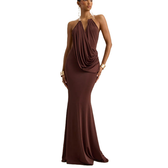 Damen Raffiniertes Maxikleid mit tiefem V-Ausschnitt und Drapierung EB