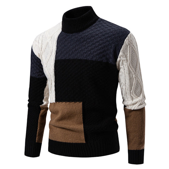 Herren modischer Rollkragenpullover mit modernem Zopfmuster und Farbblockdesign EB