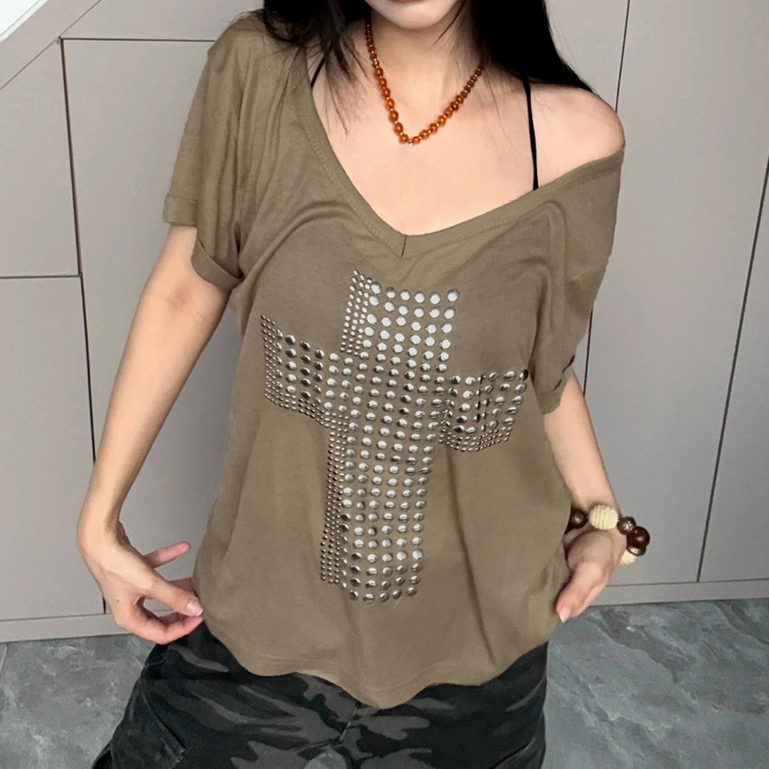 Damen V-Ausschnitt T-Shirt mit stilvollem Nieten-Dekor EB