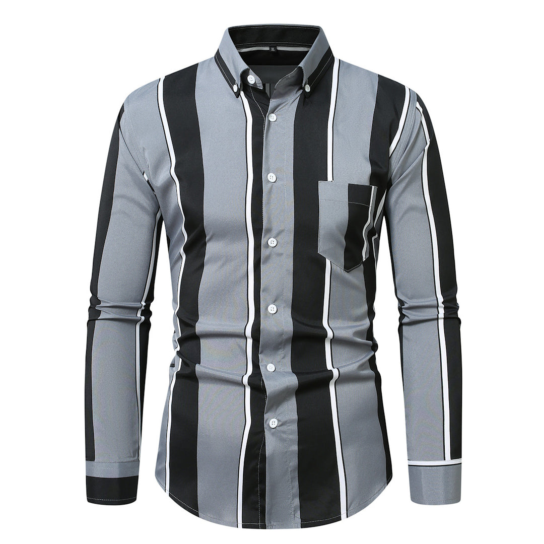 Herren nan tailliertes Langarmhemd mit vertikalem Streifenmuster und Button-Down-Kragen EB