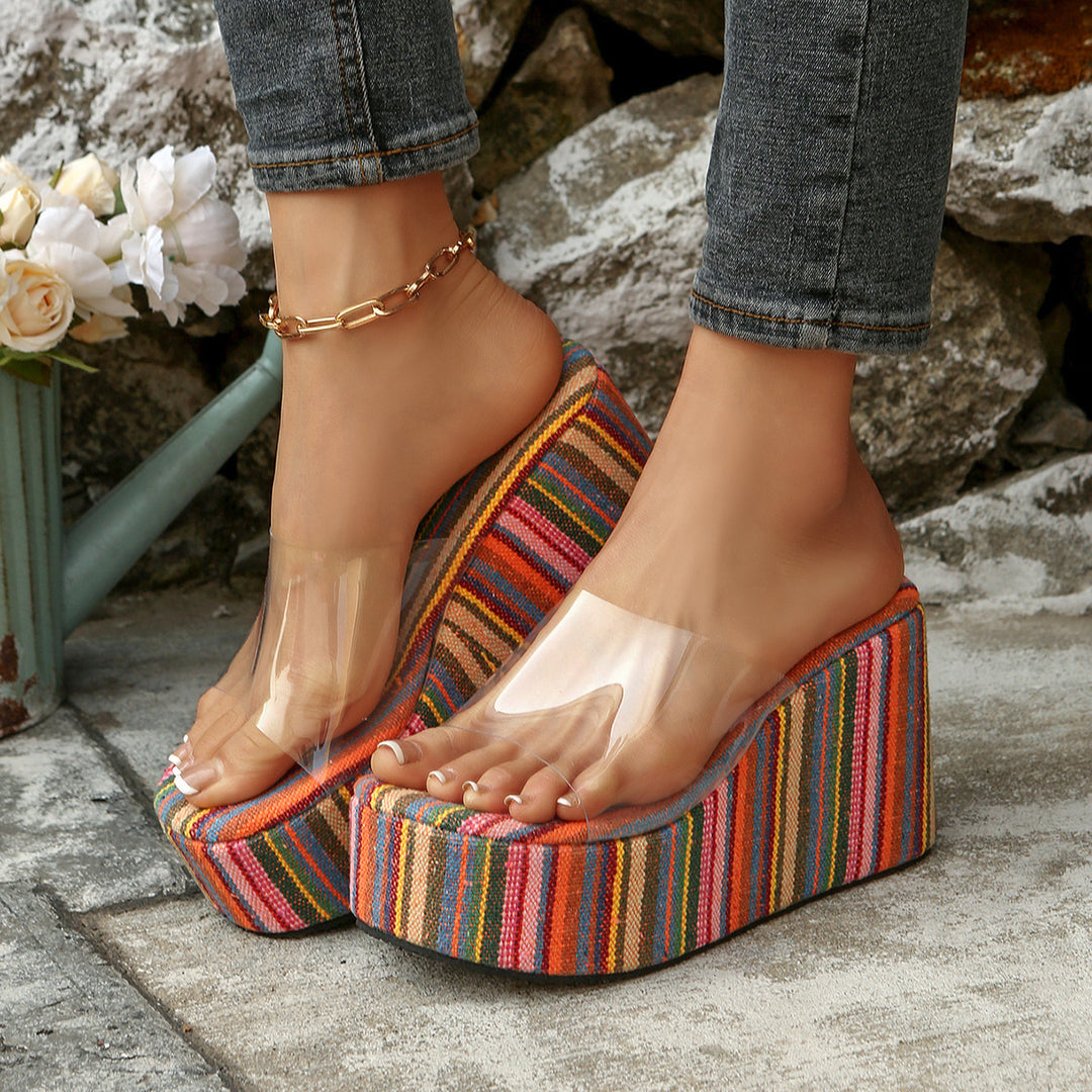 Damen Wedge-Pantoletten mit durchsichtigen Riemen und farbenfrohem Streifenmuster EB