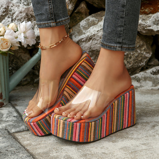 Damen Wedge-Pantoletten mit durchsichtigen Riemen und farbenfrohem Streifenmuster EB