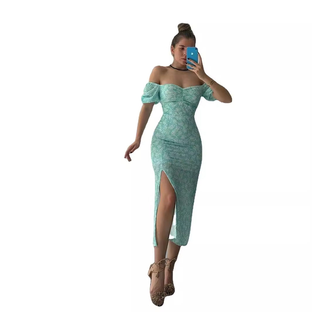 Damen Figurbetontes Maxikleid mit Blumenmuster und schulterfreiem Design EB