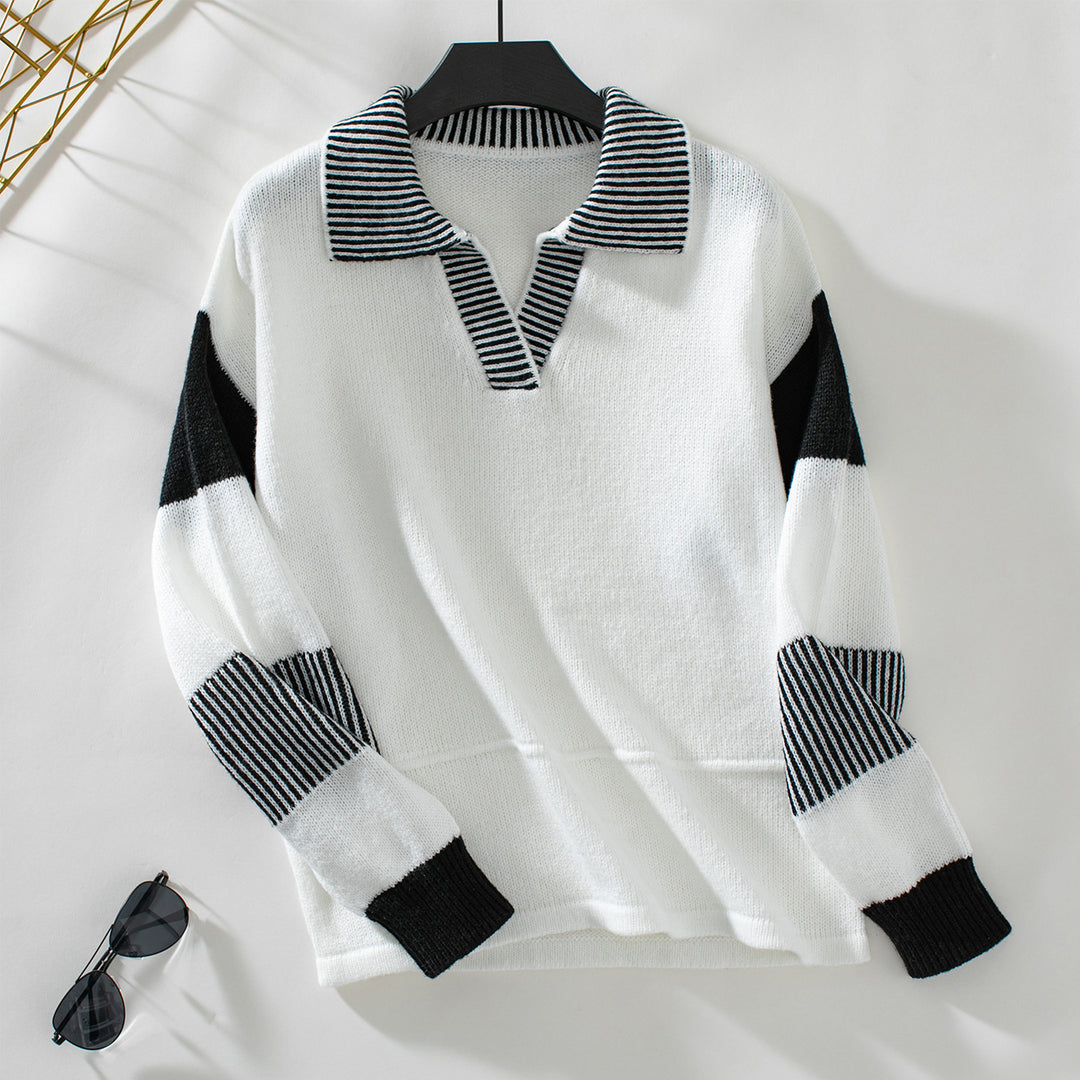 Damen modischer Pullover mit Polo-Kragen und kontrastierenden Streifen EB