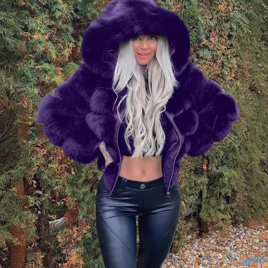 Damen Sportliche Kunstpelzjacke mit Kapuze EB