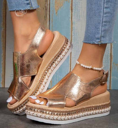 Damen elegante Keil-Sandalen mit offenen Zehen und Riemen EB