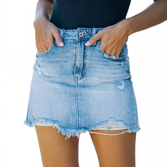Damen Jeansrock im lässigen Used-Look mit fransigen Säumen EB