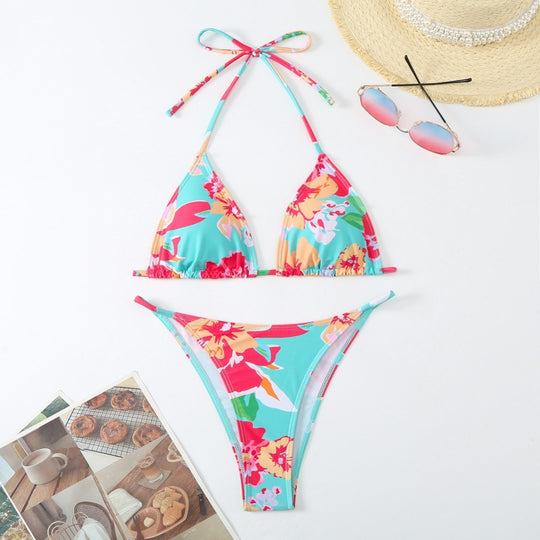 Damen Triangel-Bikini mit verspieltem floralem Design und verstellbaren Trägern EB