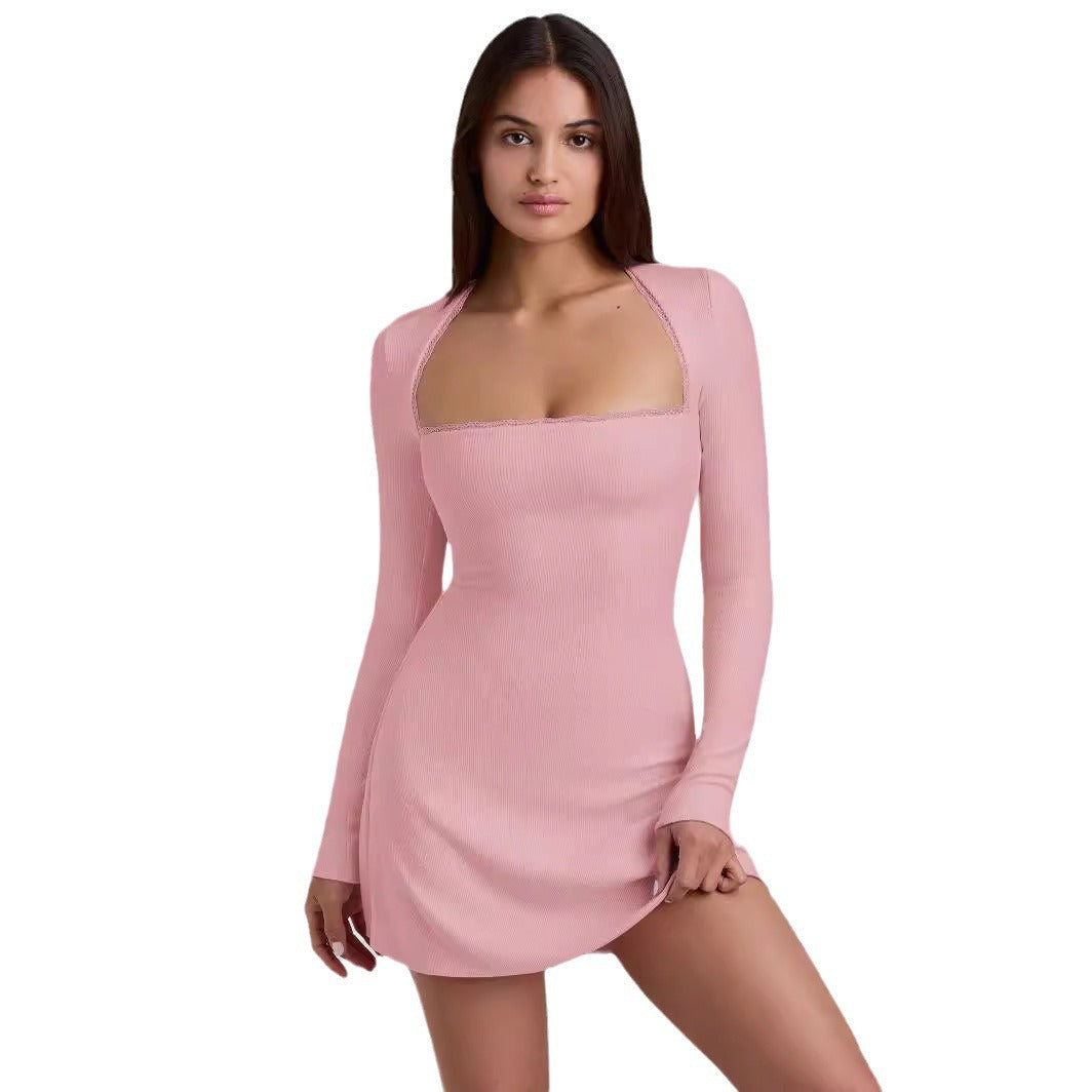 Damen Langärmeliges Minikleid mit elegantem Ausschnitt und Rippstruktur EB