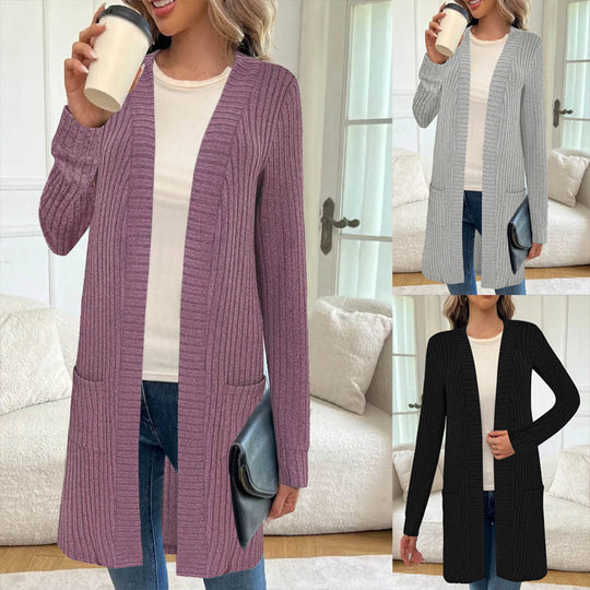 Damen Langstrickjacke mit seitlichen Taschen und strukturiertem Design EB