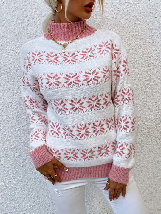 Damen Strickpullover mit Wintermotiv und hochgeschlossenem Kragen EB