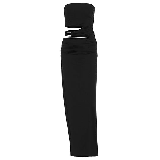 Damen elegantes Bodenkleid mit gerafftem Design und verstellbarem Gürtel EB