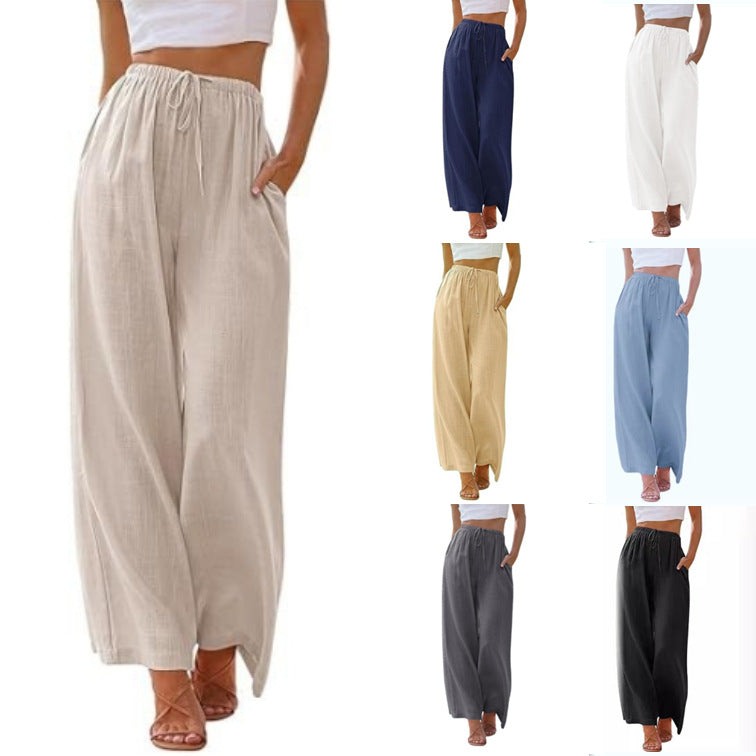 Damen nan weite Leinenhose mit elastischem Bund Kordel und Seitentaschen EB