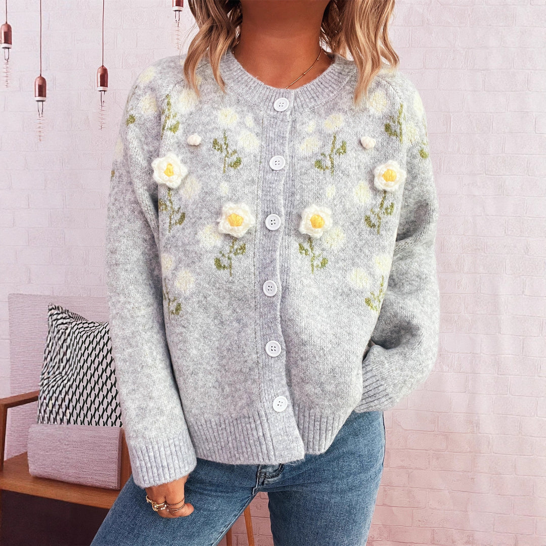 Damen Strickjacke mit floralem Design und Knopfverschluss EB