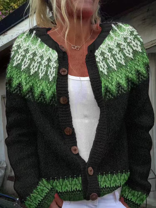 Damen nan gemusterte Strickjacke mit Rundpasse, Holzknöpfen und Eingrifftaschen EB